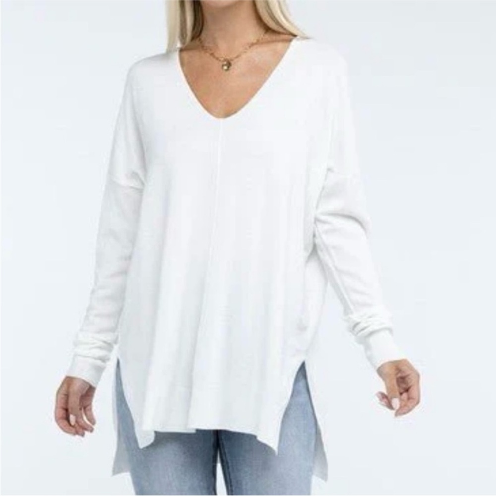 Dreamers White V Neck High Low Raw Hem Sweater Tunic